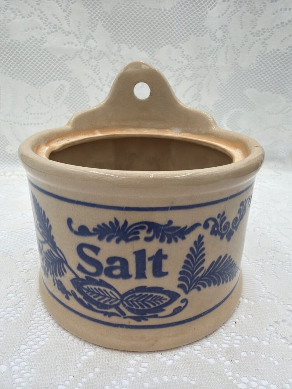 Antique Blue Onion Salt Box | Large Ceramic Salt Cellar | Wall Mount or Countert